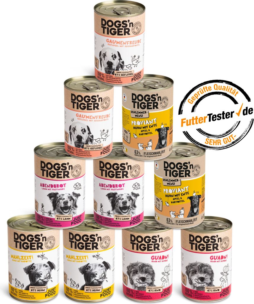 Dogs’n Tiger Adult Hundefutter, Nassfutter, Getreidefrei, Mixpaket Top of the tops! Dogs, Rind, Lamm, Huhn & Ente, 10tlg-Set