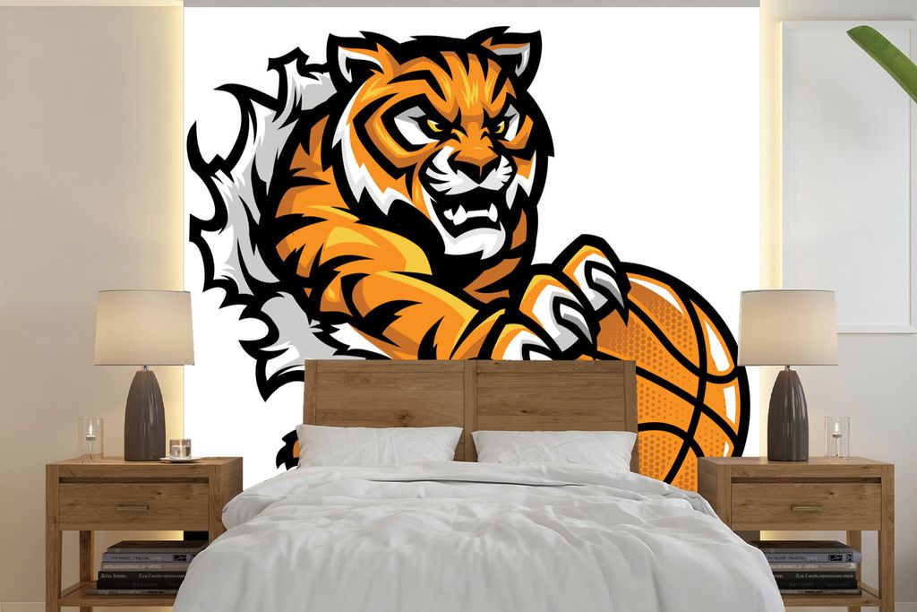 MuchoWow Fototapete für Wohnzimmer oder Schlafzimmer Wandtapete Vinyl Motivtapete Ein Tiger packt den Basketball mit seinen Krallen in einer Ill...