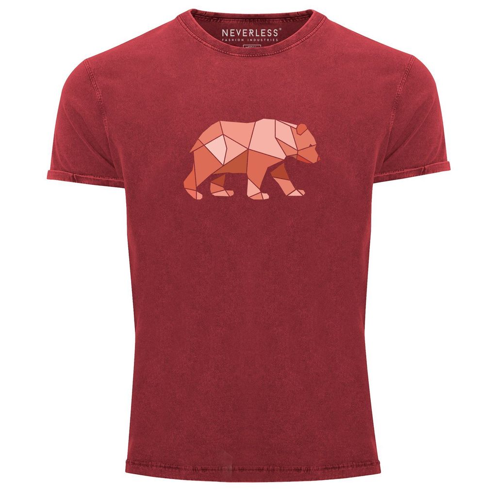 Herren Vintage Shirt Polygon Grafik Bär Outdoor Motive Printshirt Natur Fashion Neverless rot XL