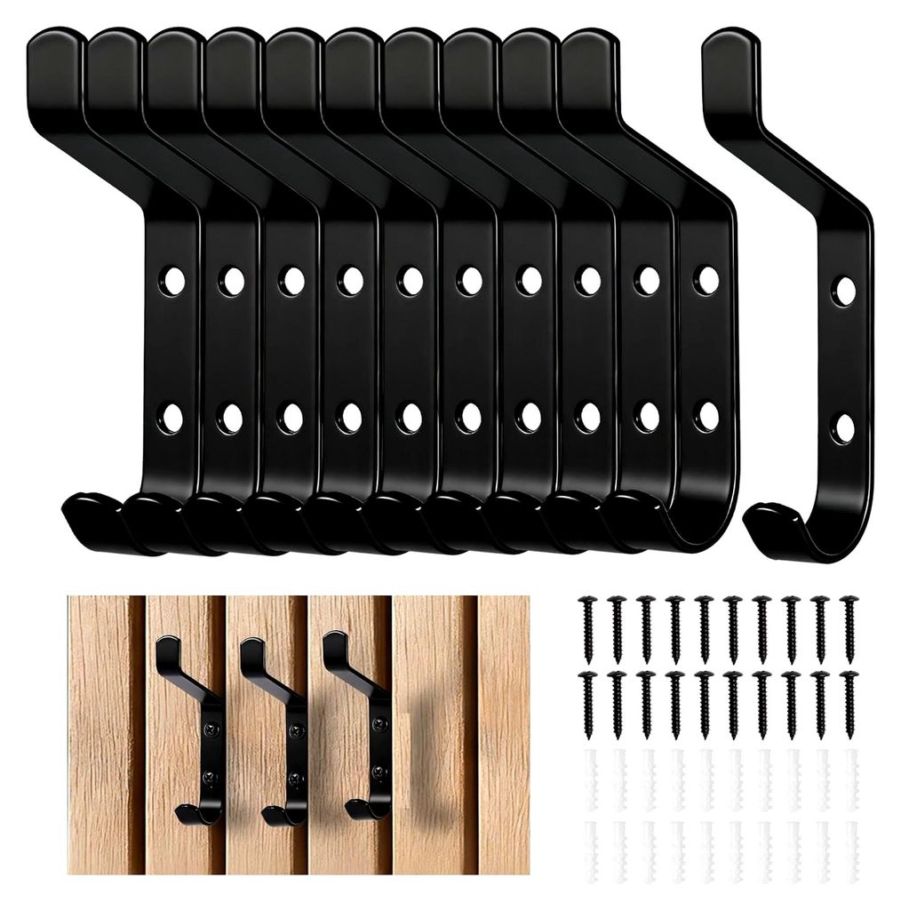 Garderobenhaken 10 Stück, Kleiderhaken Wand zum Schrauben, Haken für Akustikpaneele Carbon Steel, 13mm Breite - Haken Schwarz für Schlafzimmer, ...