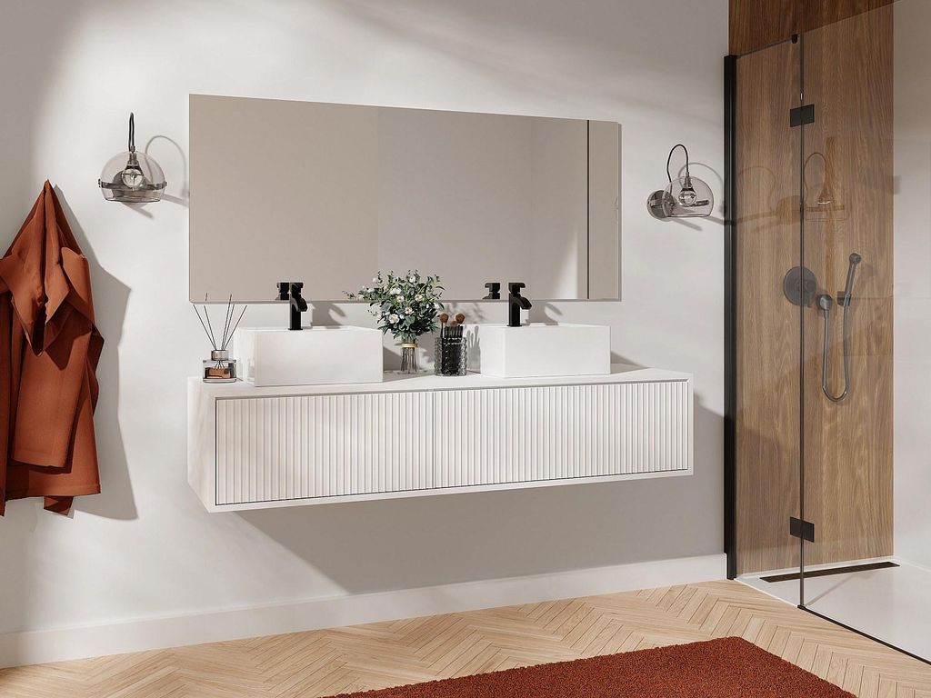 Gestreifter Badezimmer-Hängeschrank mit Doppelwaschbecken - weiß - 150 cm - ARNEGA