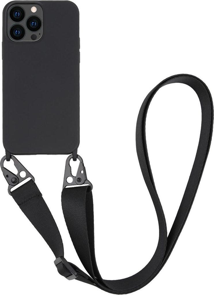 VIVanco Necklace Cover, Silikon Schutzhülle mit Karabinerhaken und Handykette für iPhone 13 Pro schwarz (62923)
