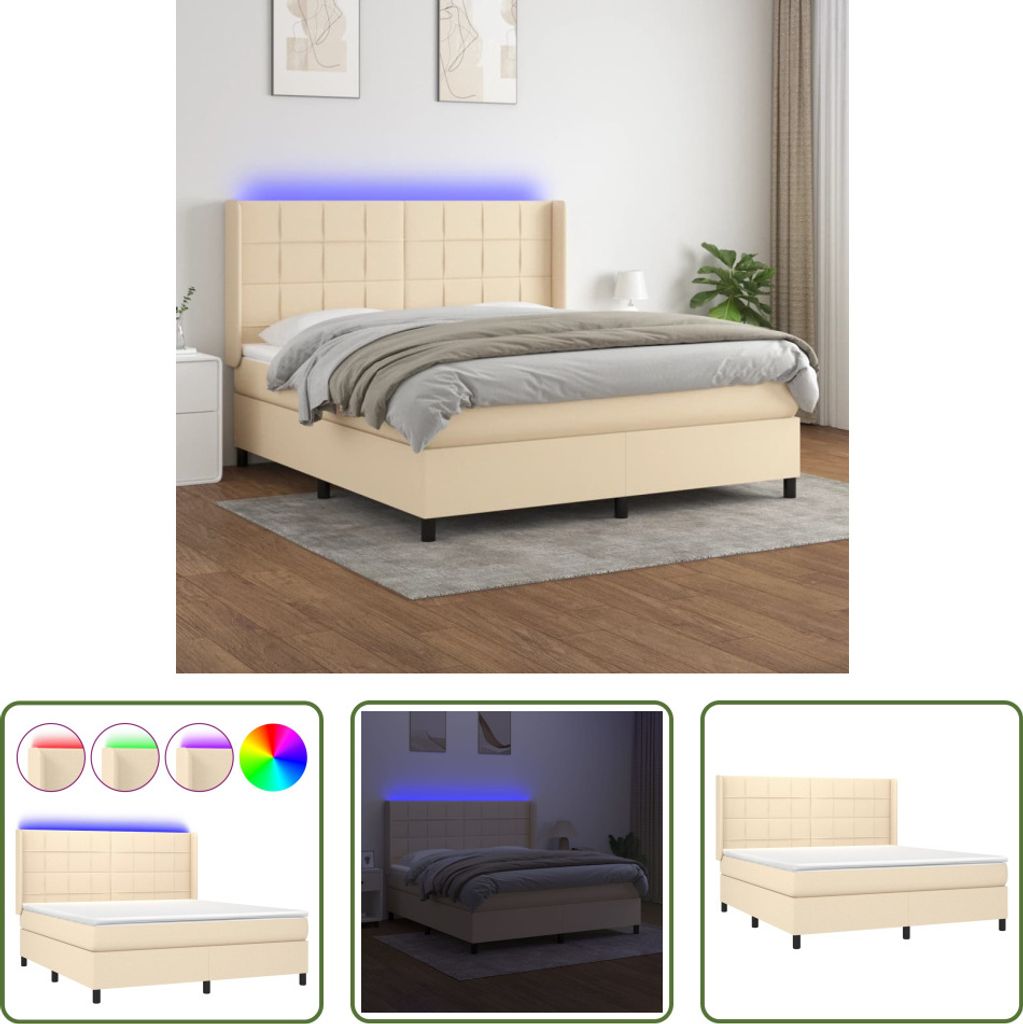 The Living Store Boxspringbett mit Matratze & LED Creme 180x200 cm Stoff