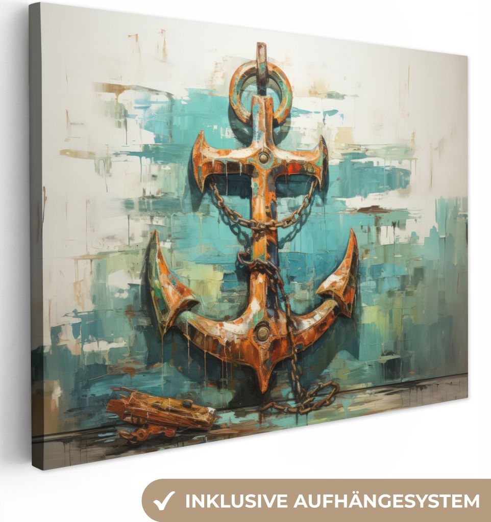 MuchoWow - Leinwandbilder - Anker - Blau - Weiß - Maritim, Wandbild, Wanddeko Bilder Wohnzimmer, 40x30 cm
