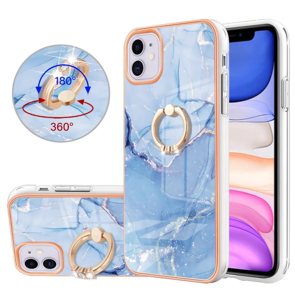 Custodia per iPhone 11, custodia protettiva in silicone TPU bumper a fantasia con supporto ad anello blu