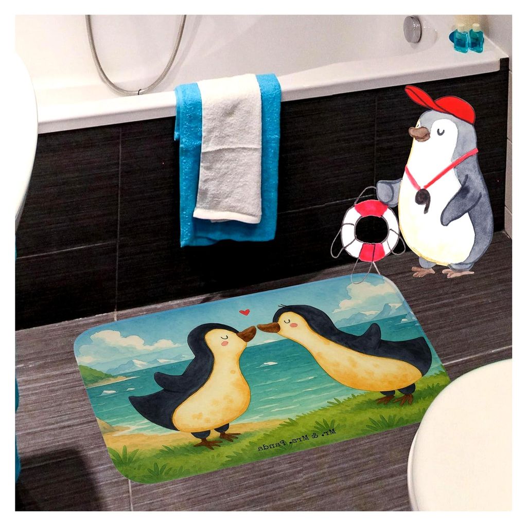 Duschvorleger Pinguine Kuss Design - Geschenk für das Badezimmer, Badteppich, Badematte, für Partner und Freundin, Hochzeitstag, Valentinstag
