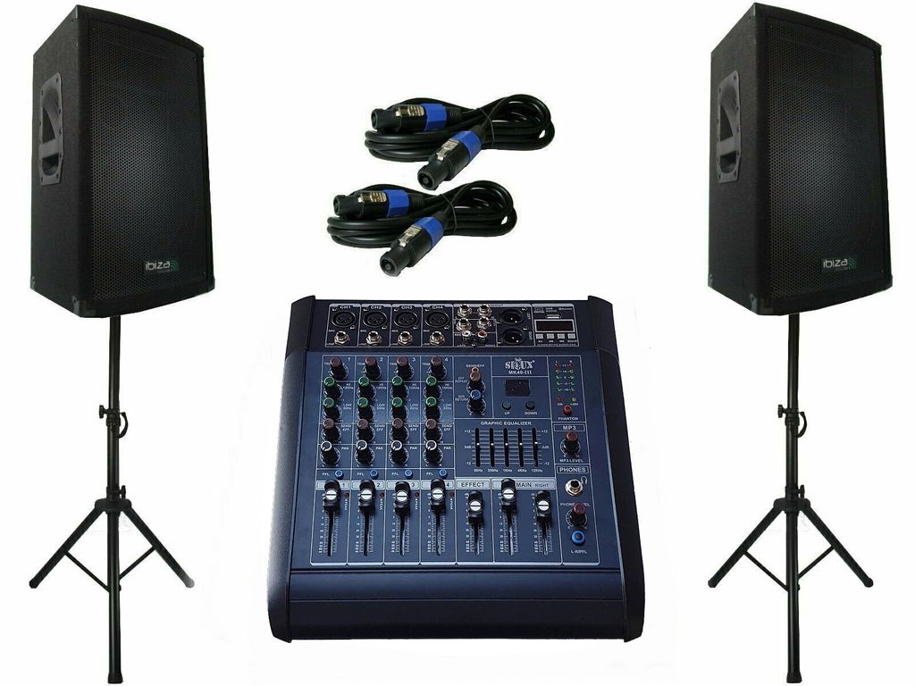 Das PA-SET 26 Powermixer Ibiza Musik Anlage 3 wege 30 cm Boxen USB Stativ 2400 Watt