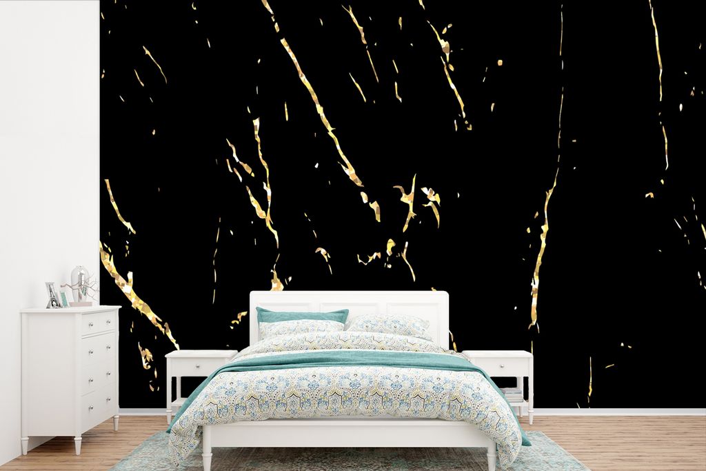 MuchoWow Fototapete für Wohnzimmer oder Schlafzimmer Wandtapete Vinyl Motivtapete Marmor - Schwarz - Gold - Luxus - 450x300 cm - Gemusterte