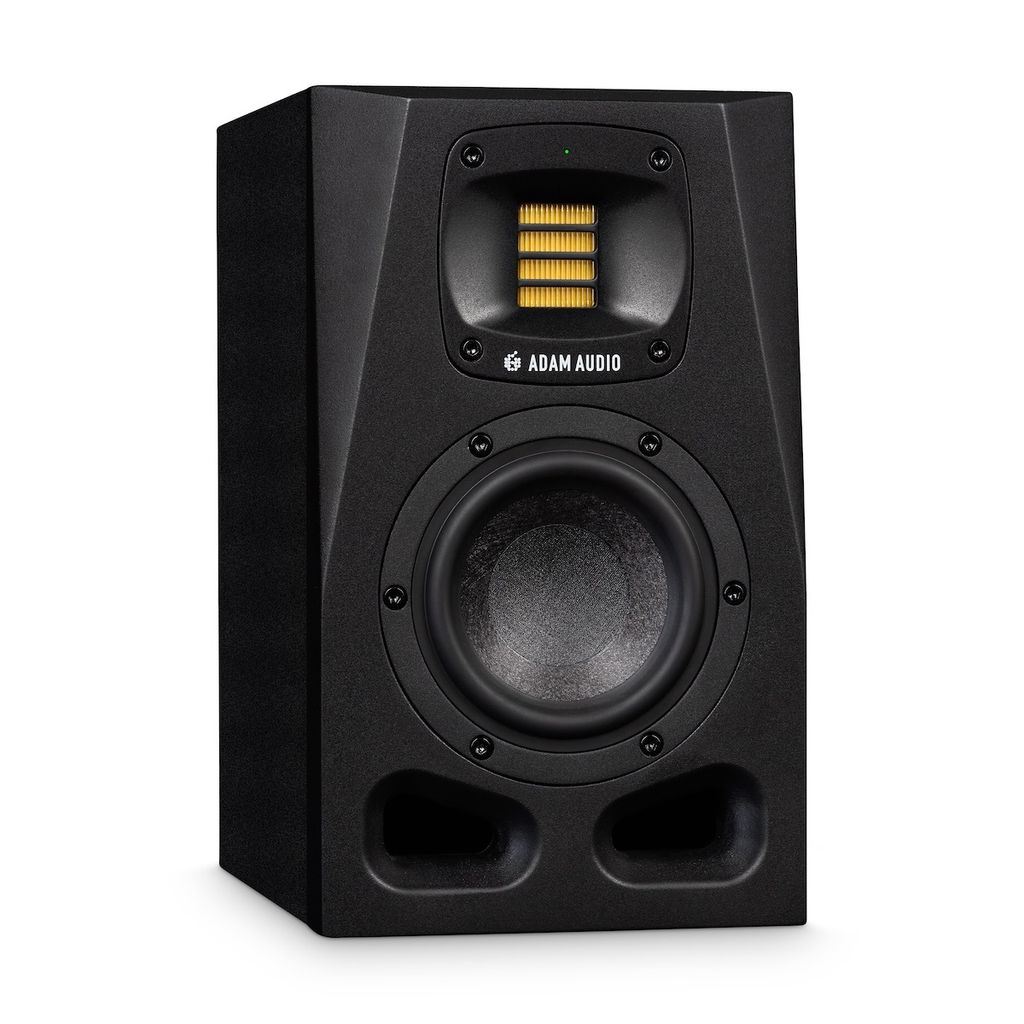 A studio shot of a black studio monitor speaker.