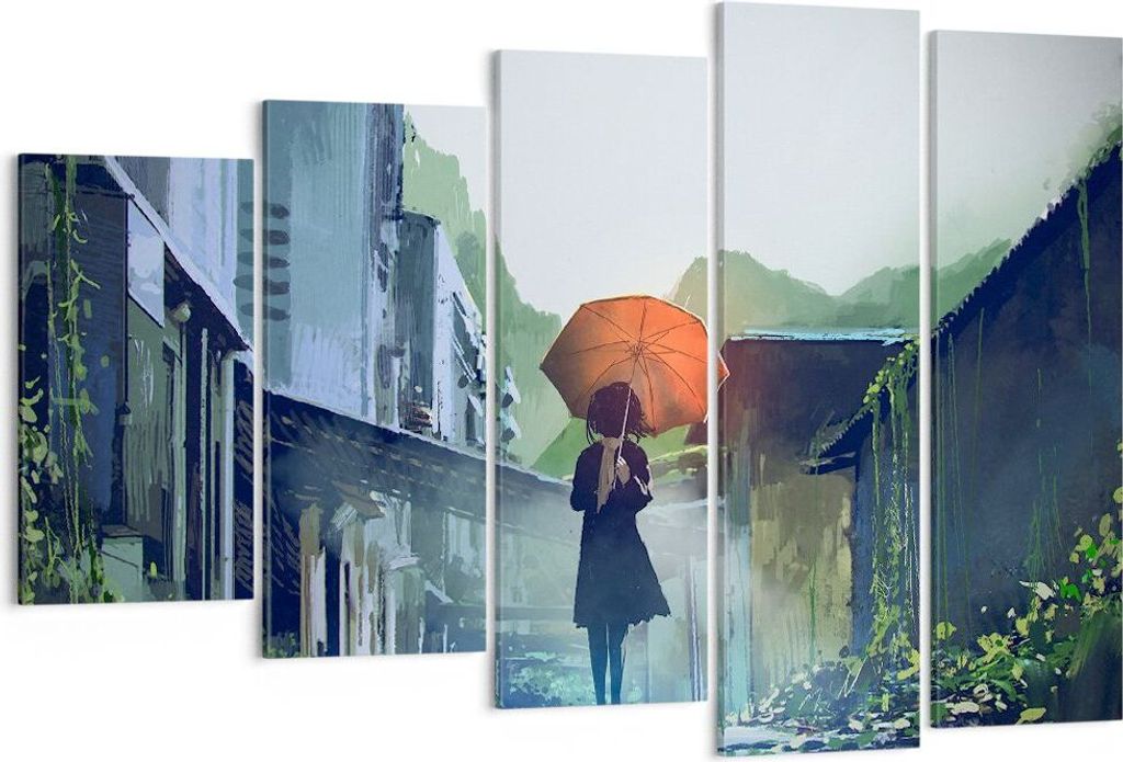 Bild auf Leinwand - Leinwandbild - Frau Straße Haus - 150x100cm - Wand Bild - Wanddeko - Leinwanddruck - Bilder - Kunstdruck - Wanddekoration - Le...