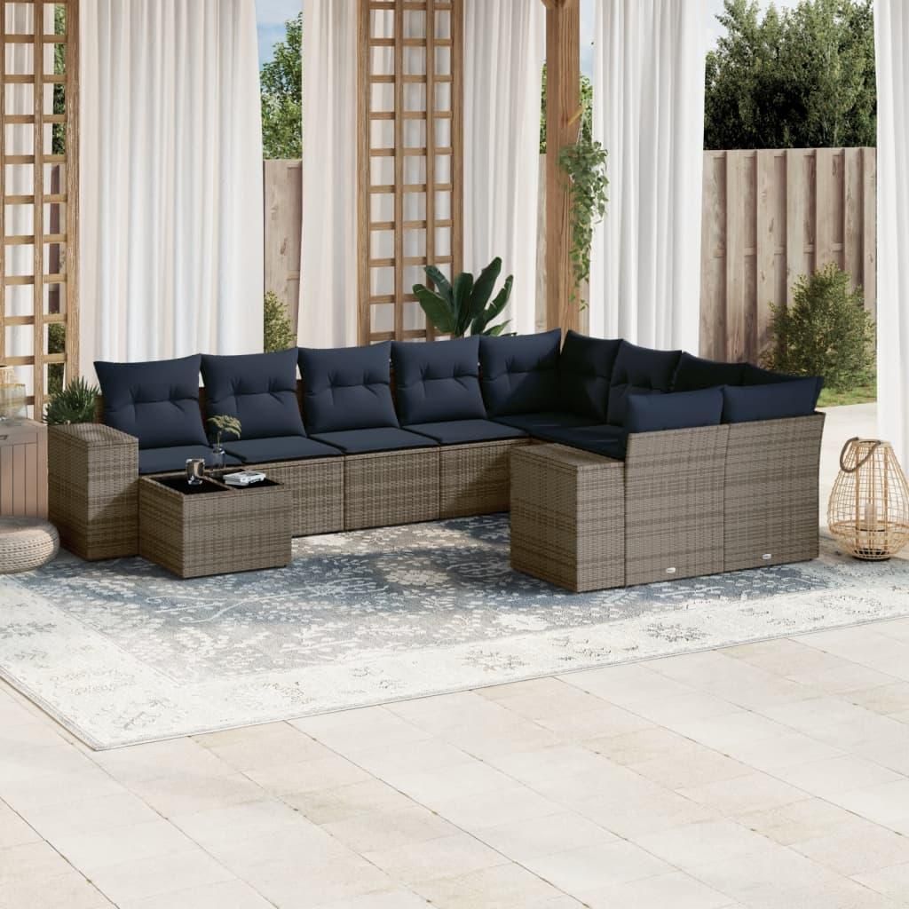 Maison Exclusive - 10-teiliges Gartensofa-Set mit Kissen, grau, Polyrattan
