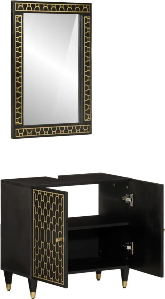 Meuble de Salle de Bain avec Miroir en Bois Exotique et Finition Brute