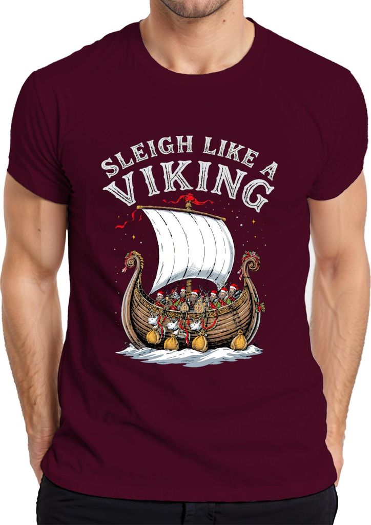 Sleigh Like A Viking Wikinger Schiff Weihnachten lustig Retro Herren T-Shirt, Burgundy, XXL