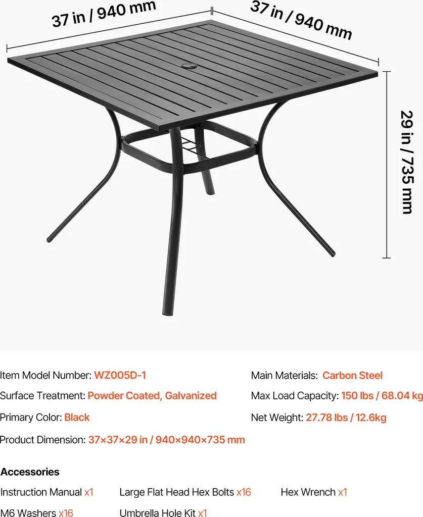 Table à manger extérieure 94cm résistante à l'eau avec insert parasol