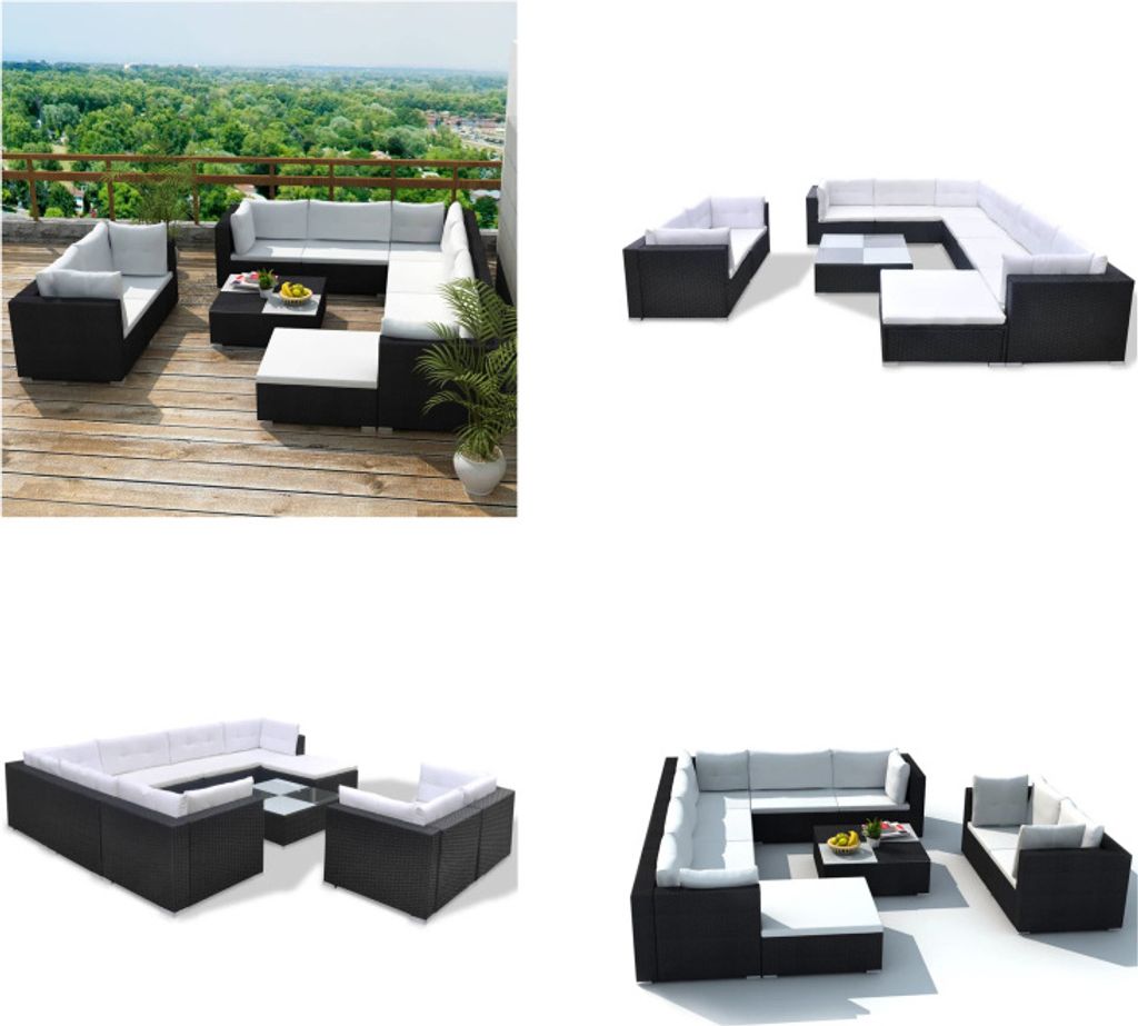 vidaXL 10 tlg. Garten Lounge Set mit Auflagen Poly Rattan Schwarz - Gartenmöbel-Set - Gartenmöbel-Sets - Gartengarnitur - Gartengarnituren