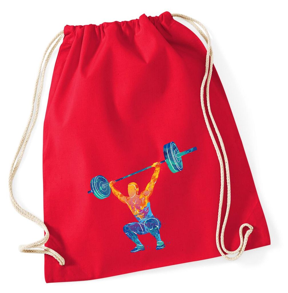 Huuraa Turnbeutel Gewichtheber Powerlift bunte Silhouette 12 Liter Classic Red Baumwolle Rucksack Geschenkidee