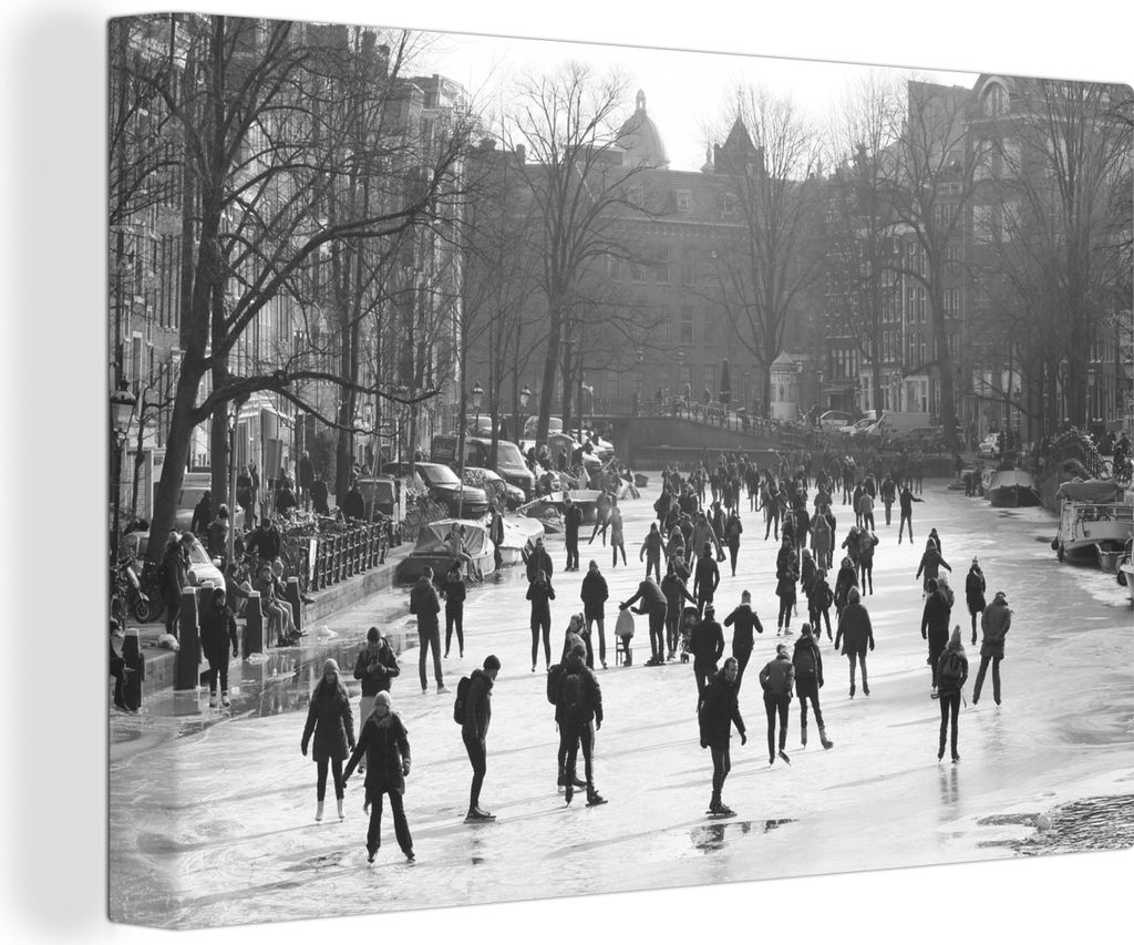 OneMillionCanvasses - Leinwandbilder - 140x90 cm, Menschen, die auf der Prinsengracht Schlittschuh laufen - Schwarz - Weiß, Wandbilder Kunstdruc...
