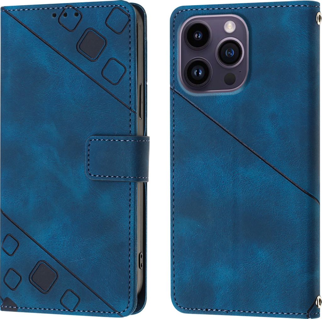 Hülle für iPhone 15 Pro Max Prägung Flip Leder Brieftasche Schutzhülle mit Ständer Blau