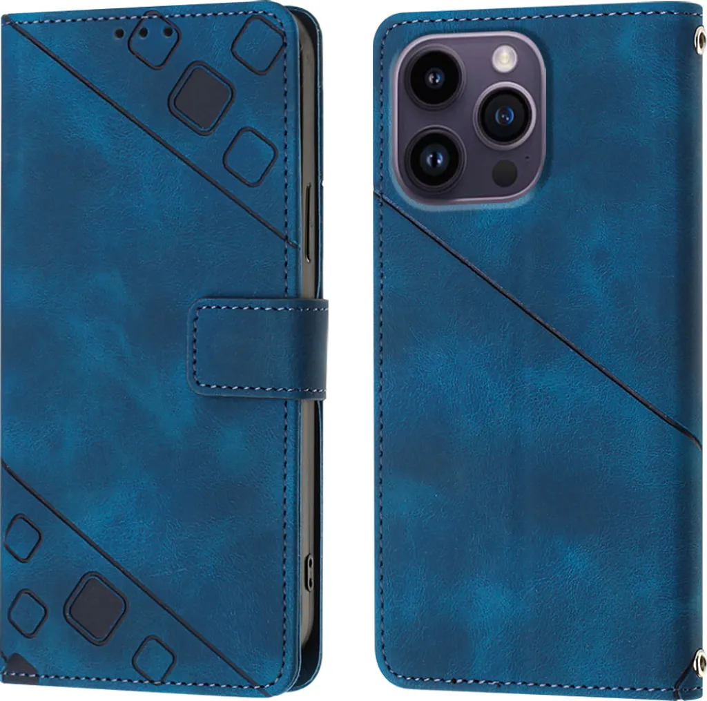 Custodia per iPhone 15 Pro Max in rilievo Custodia a portafoglio in pelle flip con funzione stand blu