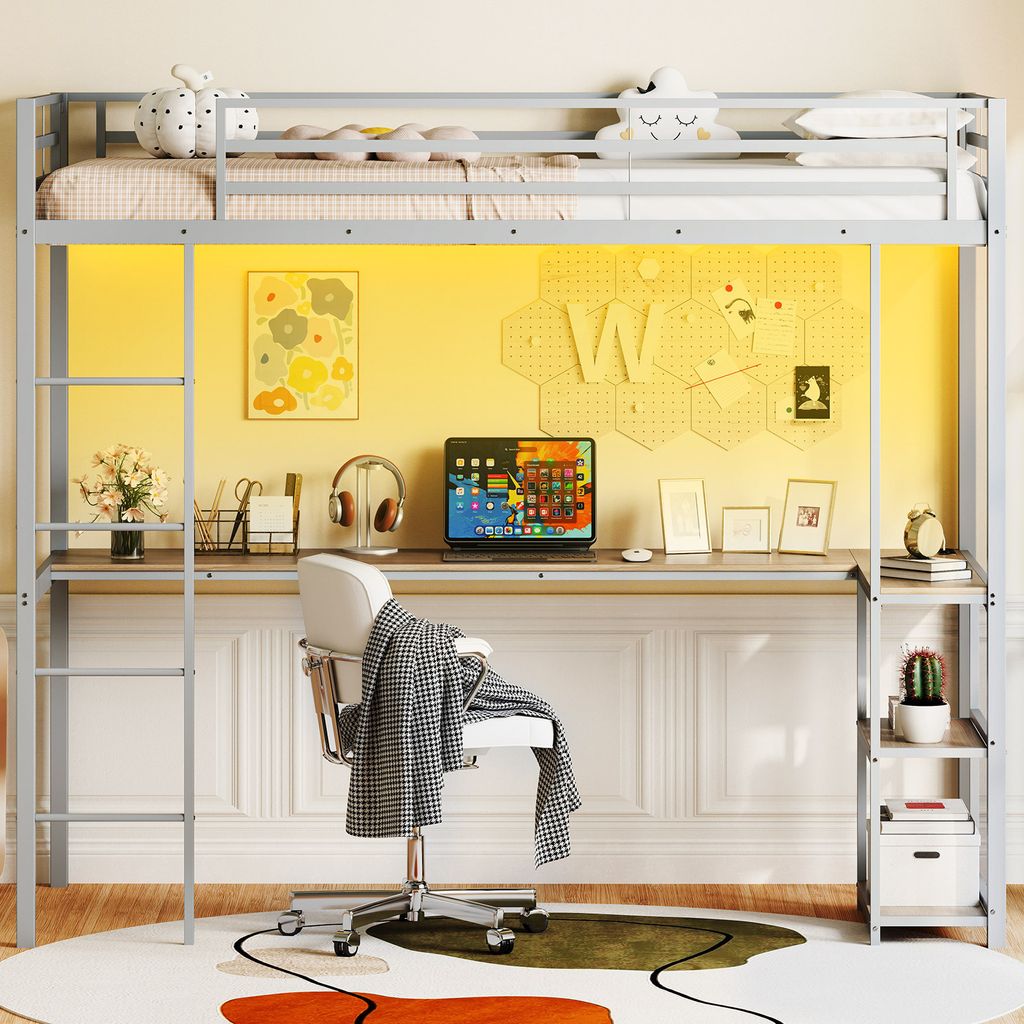 COSTWAY loft łóżko piętrowe 90x200cm z biurkiem, diodami Zdjęcie produktu 2