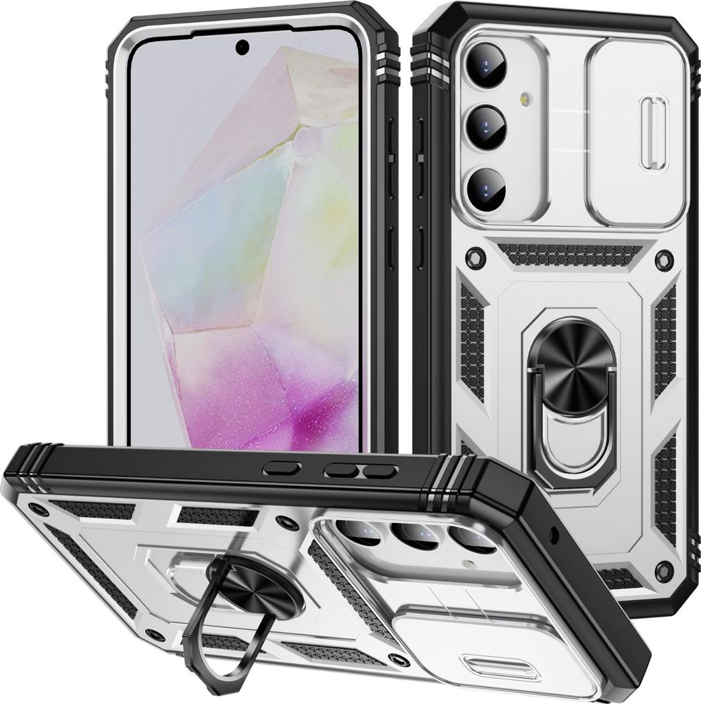 Hülle für Samsung Galaxy A35, Schiebe Kamera Schutz Stoßfest Schutzhülle mit Ringhalterung Ständer Weiß