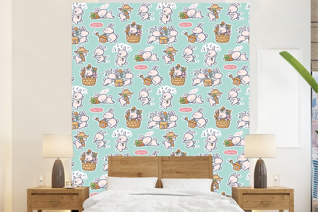 MuchoWow Fototapete für Wohnzimmer oder Schlafzimmer Wandtapete Vinyl Motivtapete Kaninchen - Garten - Muster - 210x260 cm - Wand Tapete