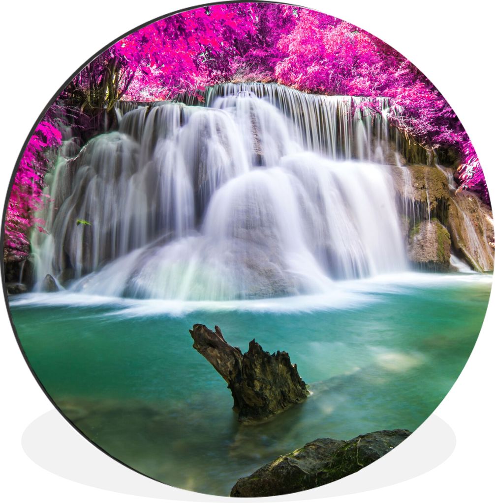 MuchoWow Aluminium Wandkreis Wasserfall - Rosa - Bäume Ø 90 cm Wanddeko Modern Wohnzimmer - Mauerkreis - Wandbilder - Runde Bild - Bild aus Alu...