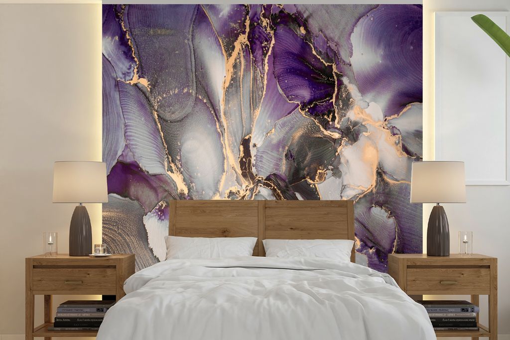 MuchoWow Fototapete für Wohnzimmer oder Schlafzimmer Wandtapete Vinyl Motivtapete Gold - Lila - Marmor - 220x220 cm - Tapeten