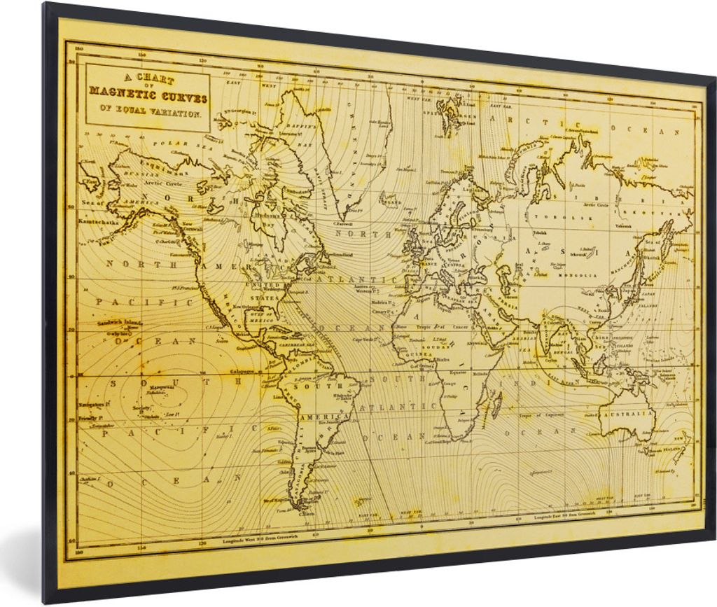 MuchoWow Gerahmtes Poster Weltkarte - Vintage - Gelb 90x60 cm - Poster mit Schwarzem Bilderrahmen Wandposter Rahmen Foto Bilder - Fotorahmen - Fo...