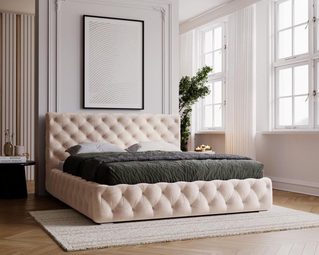 Polsterbett 200x200 cm Glory mit Bettkasten - Chesterfield Bett, Glamour - Doppelbett mit Metall Lattenrost, Beige