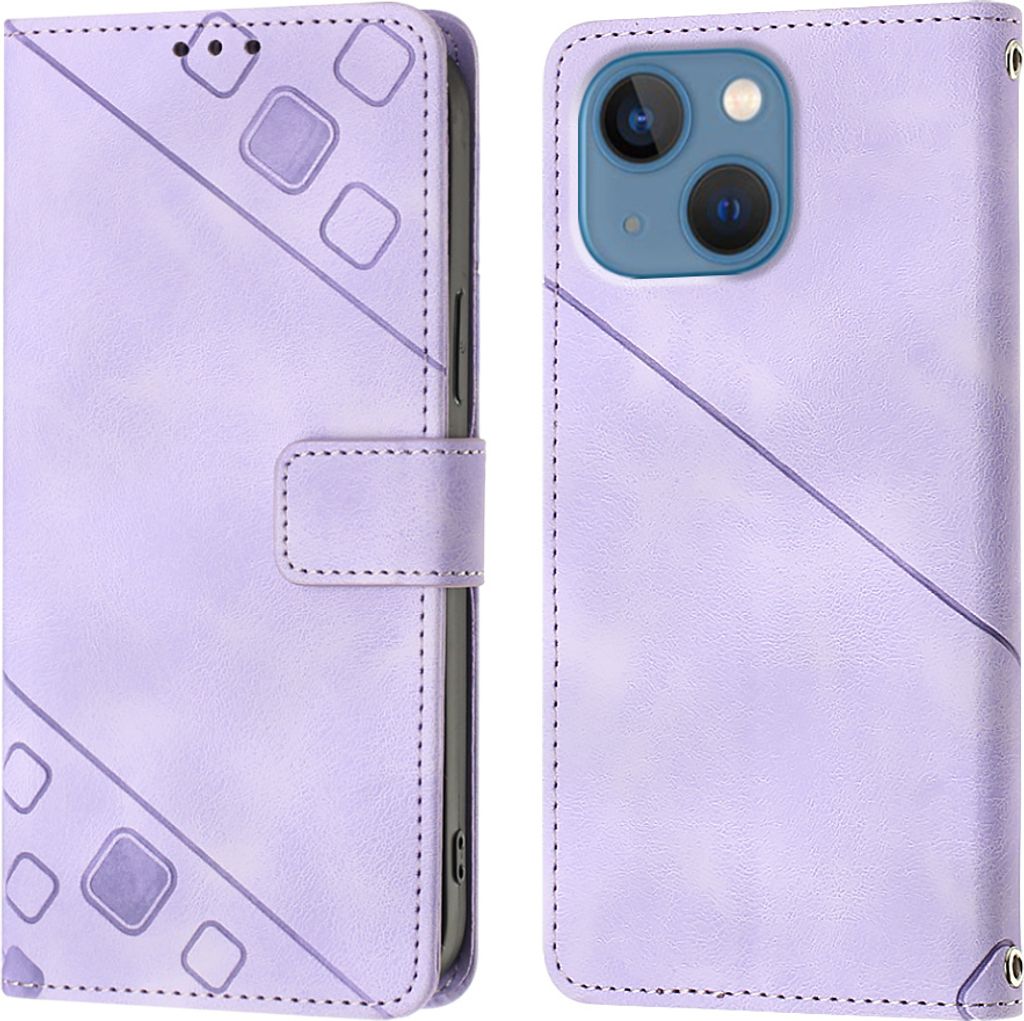 Hülle für iPhone 14 Plus Prägung Flip Leder Brieftasche Schutzhülle mit Ständer Lila
