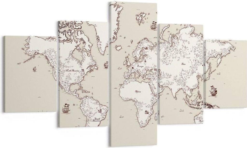 Bild auf Leinwand - Leinwandbild - Karte Welt Klassiker Kontinente - 125x70cm - Wand Bild - Wanddeko - Leinwanddruck - Bilder - Kunstdruck - Leinwa...