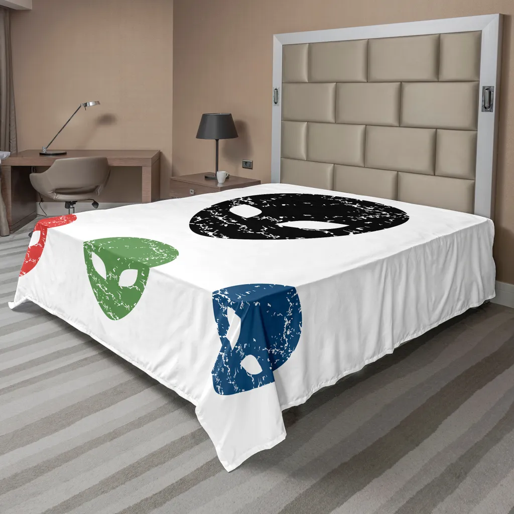 ABAKUHAUS Lenzuolo spaziale, illustrazione grunge di una testa aliena surreale con forme colorate che ricordano sostanze stupefacenti, lenzuolo morbido e confortevole per un letto decorativo 1 pezzo 266 cm x 260 cm, verde rosso