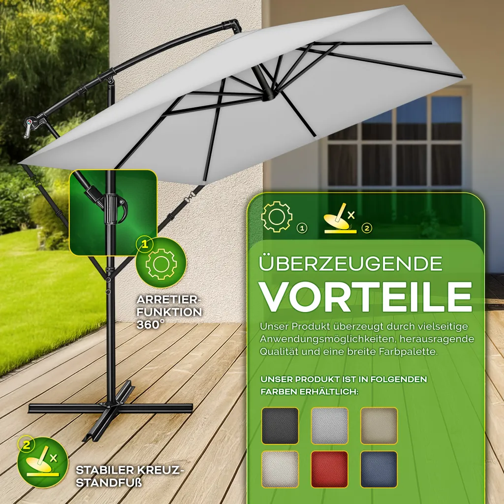 tillvex® Ombrellone in alluminio rettangolare Ø 330 cm grigio + copertura con manovella | Ombrellone quadrato con supporto e parabrezza | Ombrellone da giardino in alluminio con protezione UV | Ombrellone a manovella impermeabile ruotabile a 360 gradi - 8