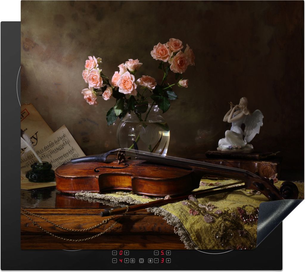 KitchenYeah Herdabdeckplatte Violine - Rosen - Rosa - Blumen - Stilleben , 57x51cm, Küche Deko, Glaskeramikfeld Herdabdeckung, Abdeckplatte fùr...