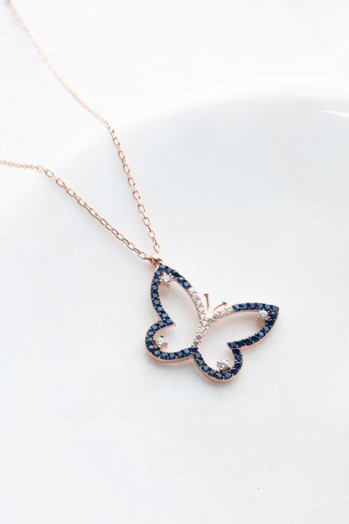 Collier papillon argent et pierres zircone bleues - Maille ajustable