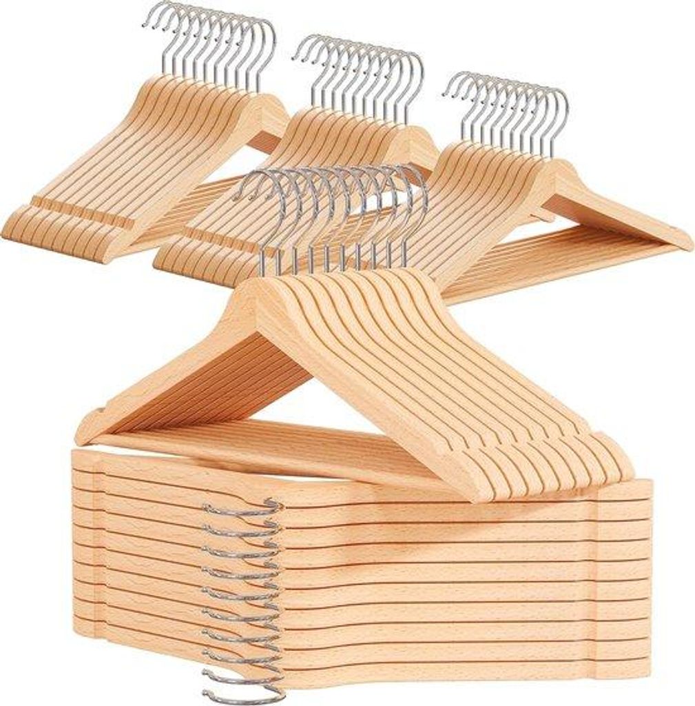 Holzkleiderbügel - EU-Herstellung - Holzbügel für dein Kleiderschrank - 360-Grad-Drehgelenk - Schrägschlitz in der Schulter - Holzbügel (50, N...