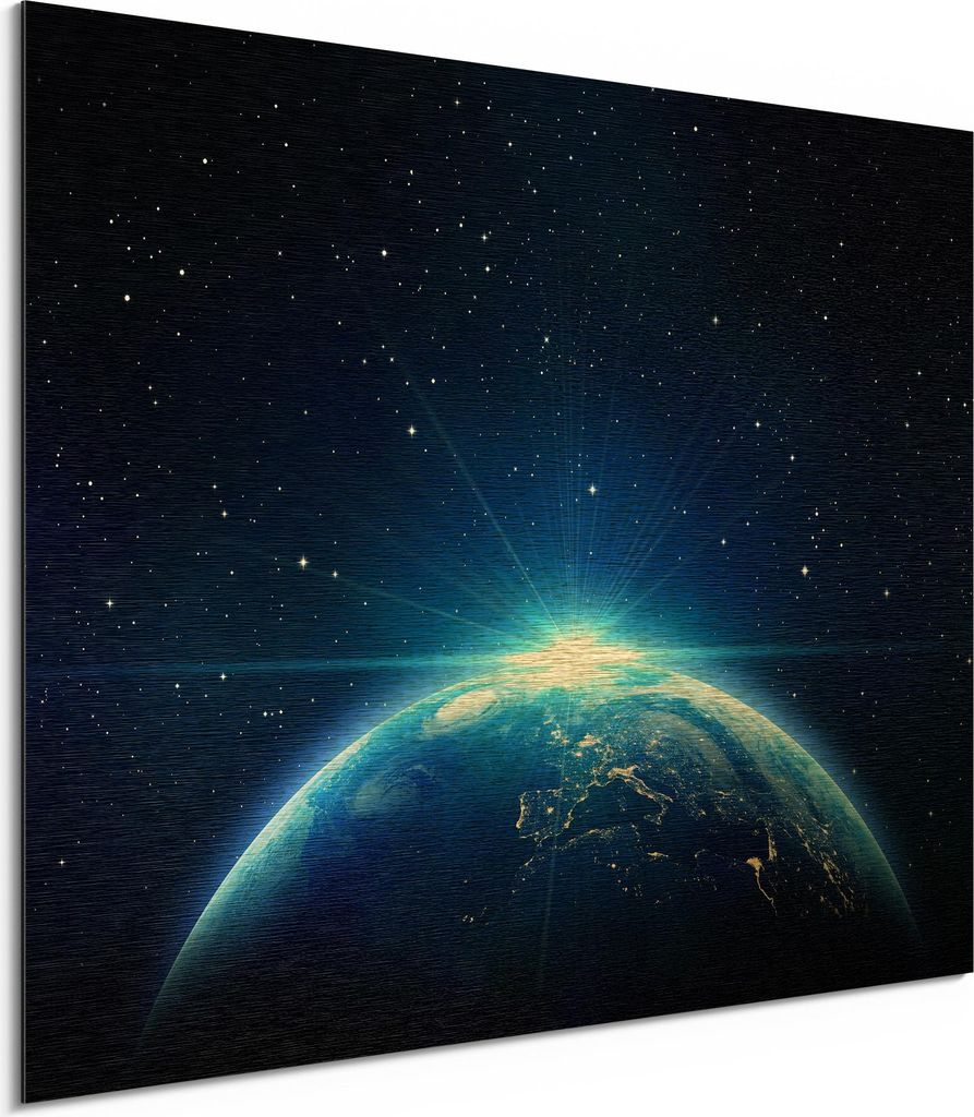 DEQORI Alu-Dibond Bild Gold 40x30 cm 'Sonnenaufgang im All' Wandbild Metall dünn Design
