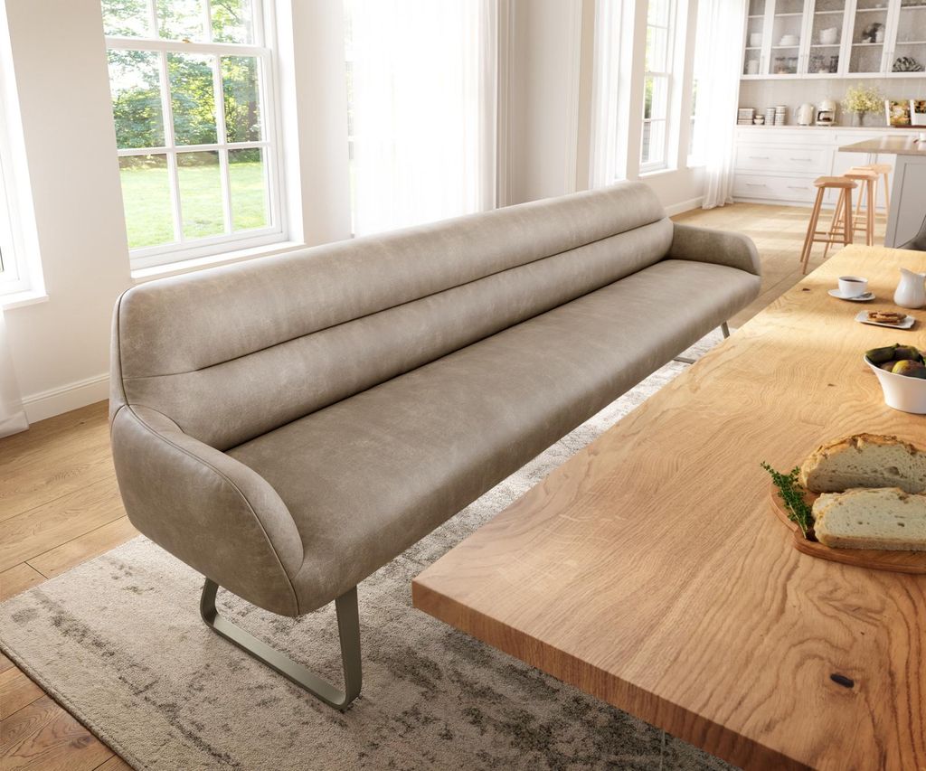 DELIFE Esszimmerbank Taya-Flex 300 cm Mikrofaser Beige Vintage Kufengestell flach Effektfinish Titan Taschenfederkern