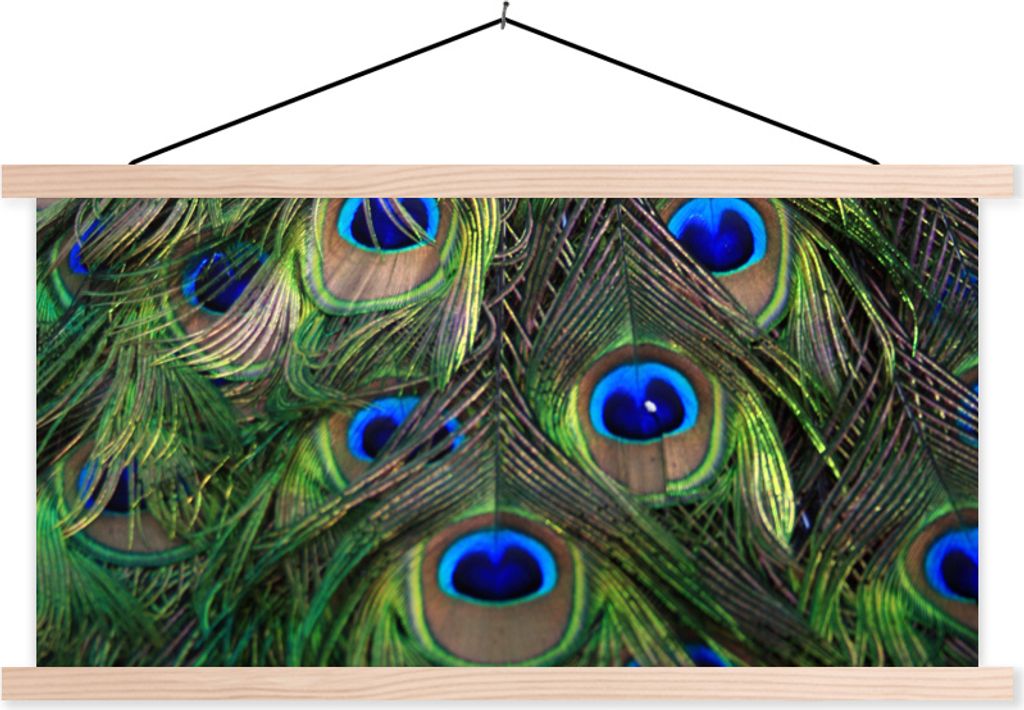 MuchoWow Textilposter Pfau - Federn - Augen - Blau 120x60 cm mit holzfarbenen Rahmen - Klemmleiste