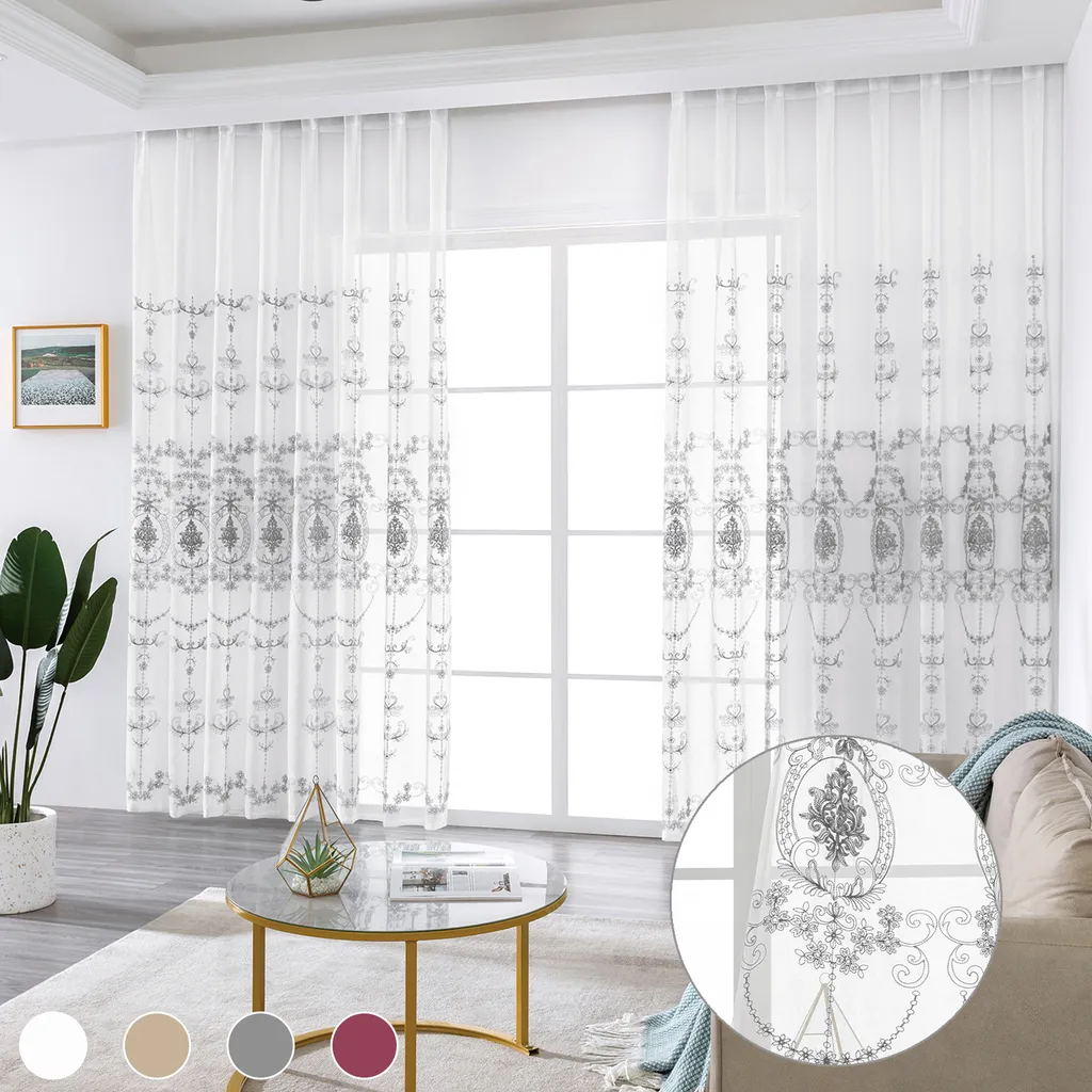 set di 2 tende a rullo con occhielli semitrasparenti, tulle tenda ricamo lino aspetto fiori soggiorno camera da letto ristorante, B140xH215cm grigio