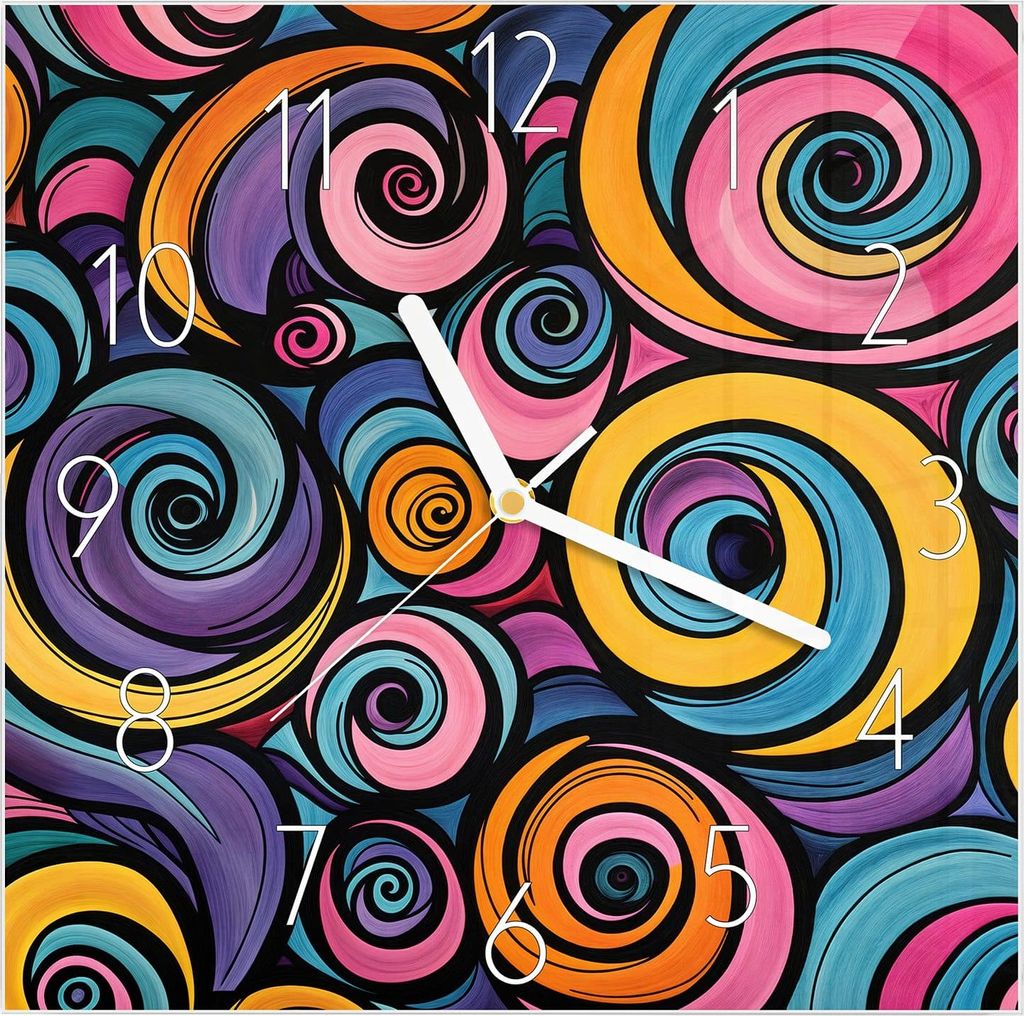 Wanduhr aus Glas mit Motiv Farbige Spiralen- 30 x 30 cm - inkl. Aufhängesystem