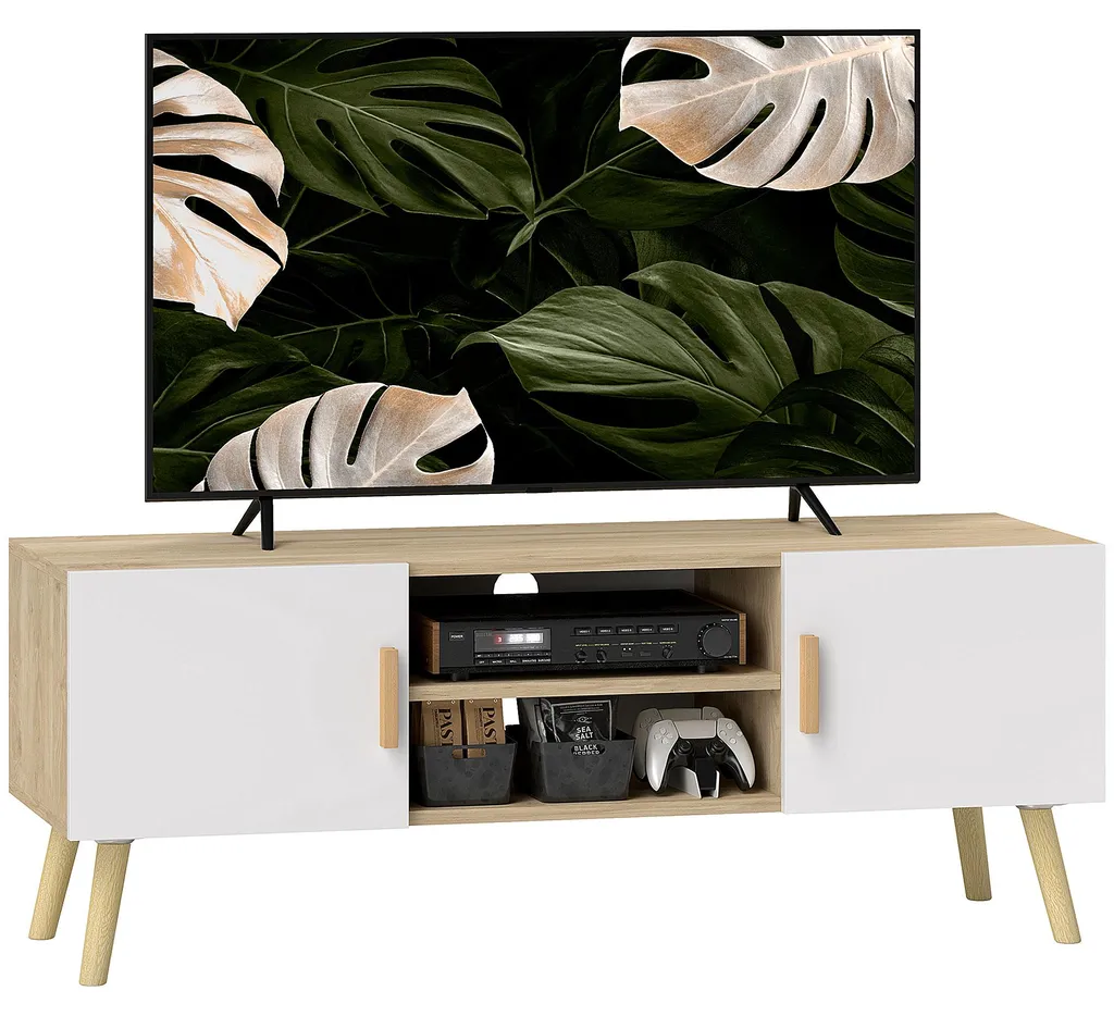 Meuble TV bois chêne 2 placards rangement étagères système passe-câble