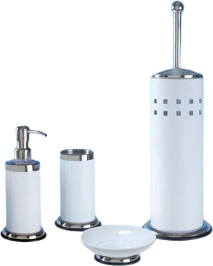 4tlg Set Bad Accessoires WC Bürste Seifenspender Zahnputzbecher Seifenschale Nele Weiß