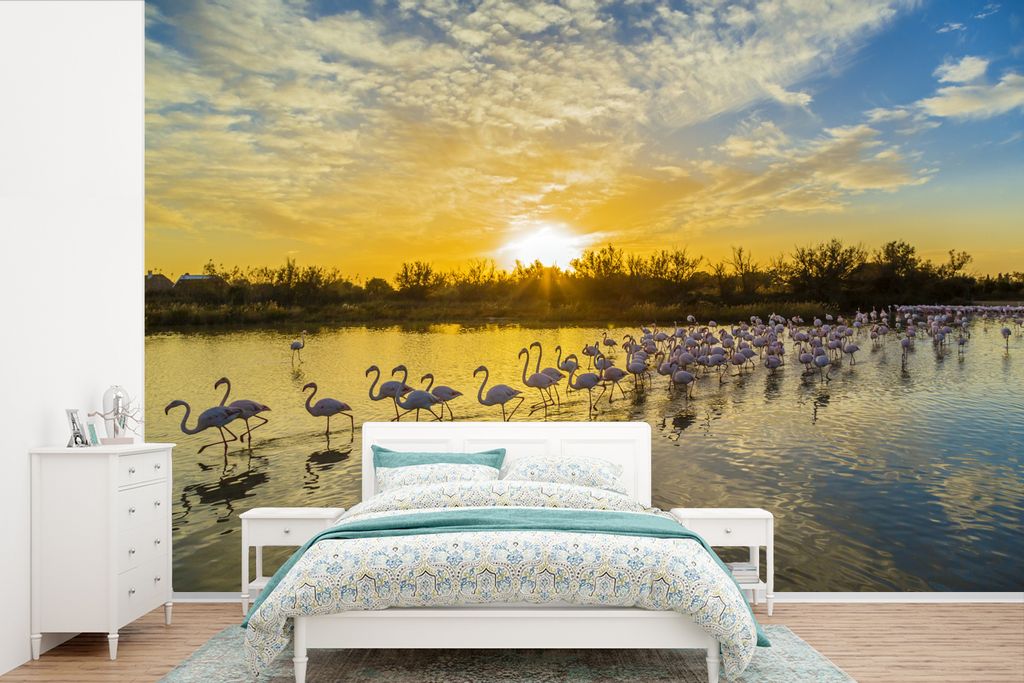 MuchoWow Fototapete für Wohnzimmer oder Schlafzimmer Wandtapete Vinyl Motivtapete Flamingos in der Camargue bei Sonnenuntergang - 525x350 cm - D...