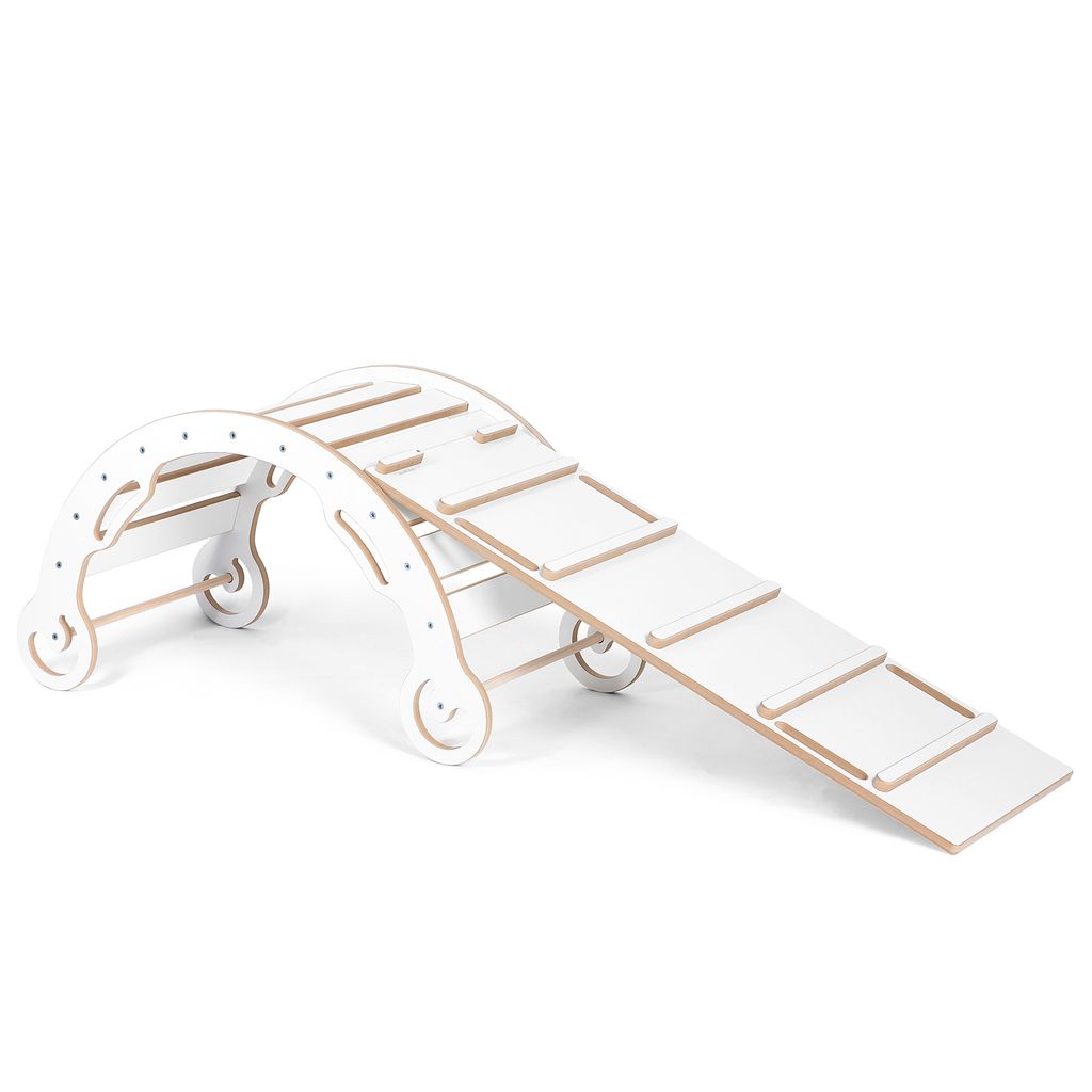Leo Kletterbogen mit Rutsche für Kinder Klettergerüst Indoor Montessori Wippe MDF, Größe XL, Weiß