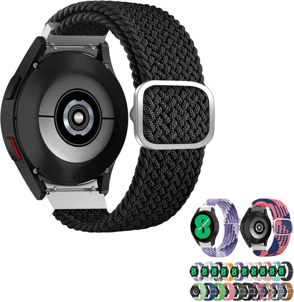 A smartwatch with a black woven nylon band is shown from the back, with several other watch bands and watches in different colors displayed below.