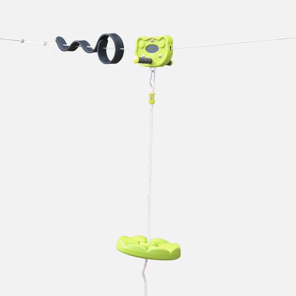 A zipline kit with a seat and a pulley system on a cable against a white background.
