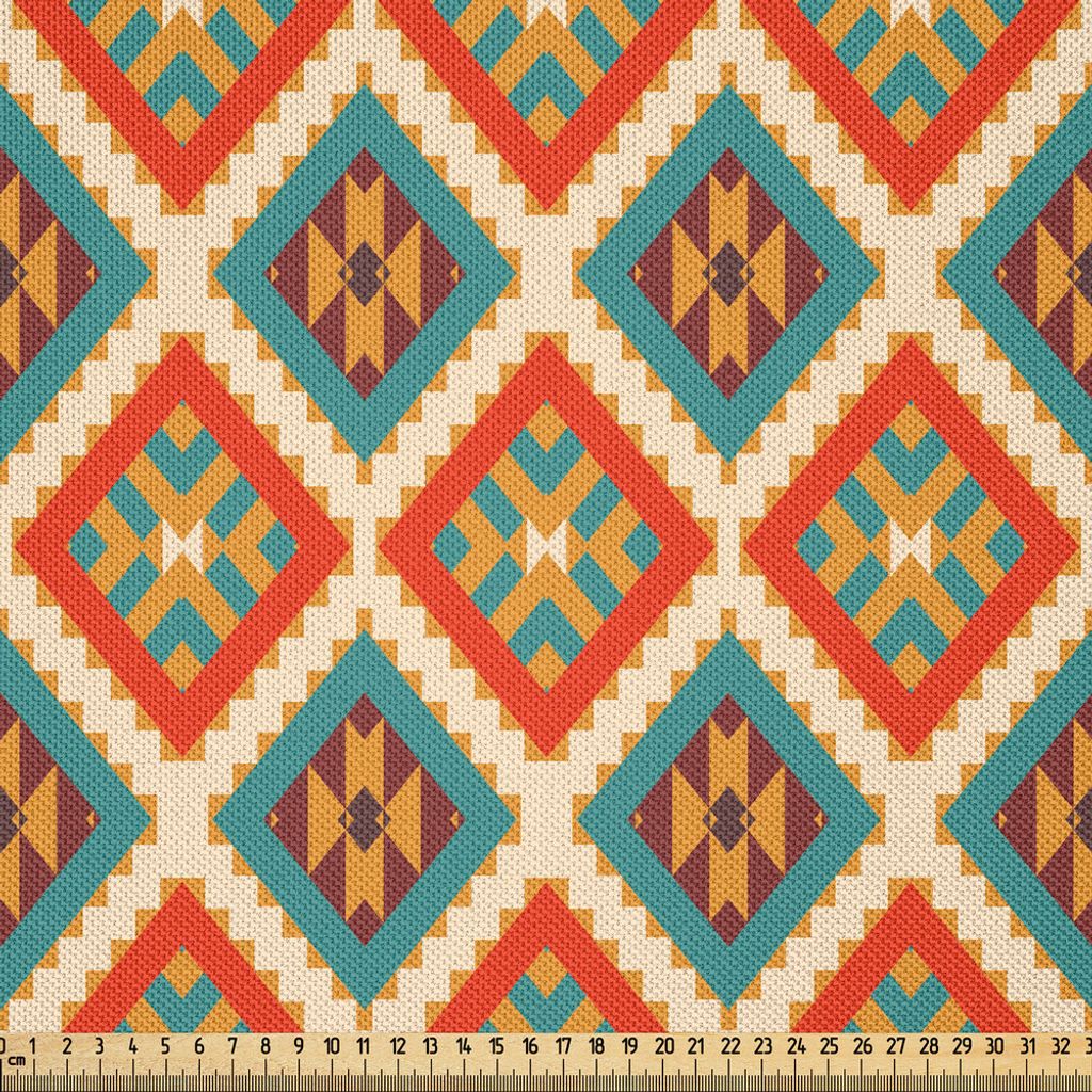 ABAKUHAUS Mexikaner Satin Stoff als Meterware, Buntes ethnisches Muster-Retro- Farbkariertes Muster-geometrische einheimische Details, 1 M (148 x 1...