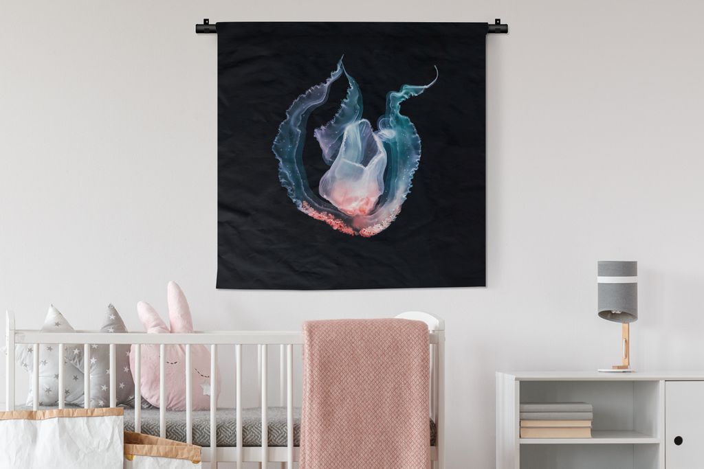 MuchoWow Wandteppich Wandbehang Qualle - Blau - Rosa 90x90 cm Tapisserie Dekoration Wandtuch - Wandaufhänger